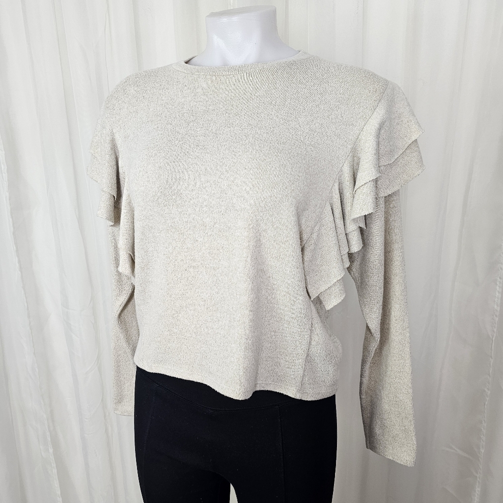 Bershka Heathered Oatmeal Cream Ruffle Shoulder Sweater Top XS
